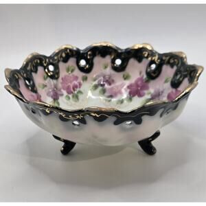 Antique Nippon Hand Painted 3 Footed 5" Porcelain Bowl Pink Flowers Green Gold